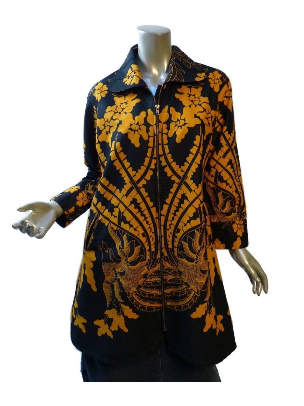 Lightweight Artsy Phoenix Bird Coat Large Black Dark Yellow Zip Front Fitted